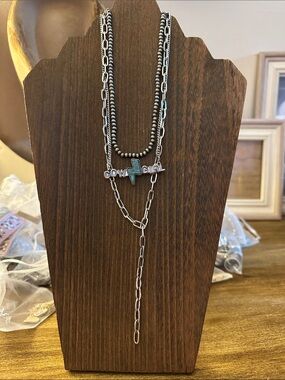 Cowgirl Turquoise Cross Layered Necklace - Women Jewelry